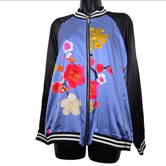 Alice Blue Jacket Size Large 100% Silk Floral Zip Up Pretty Statement - Picture 2 of 7